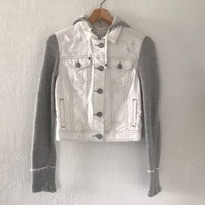 White jean jacket with grey knit arms & hood